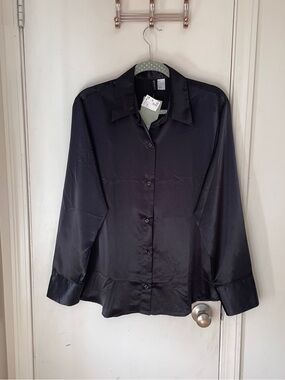NWT H&M Longsleeve Black Satin Button Down Collared Dress Shirt Size XL X-Large